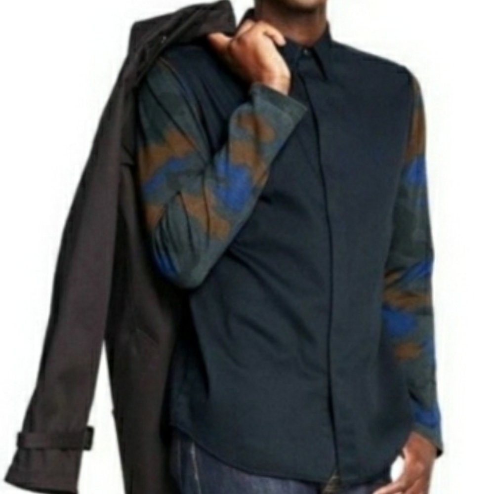 NEW 3.1 PHILLIP LIM Target Orange Blue Camo Sleeve Navy Print Button Front Shirt